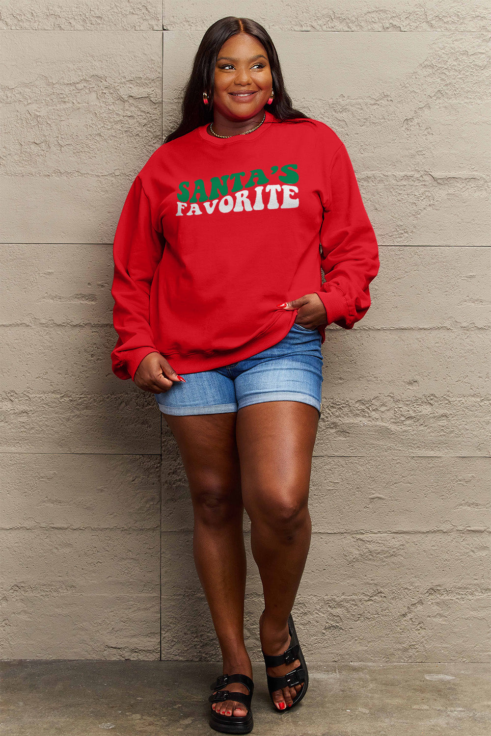 SIMPLY LOVE Full Size "SANTA'S FAVORITE" Round Neck Sweatshirt