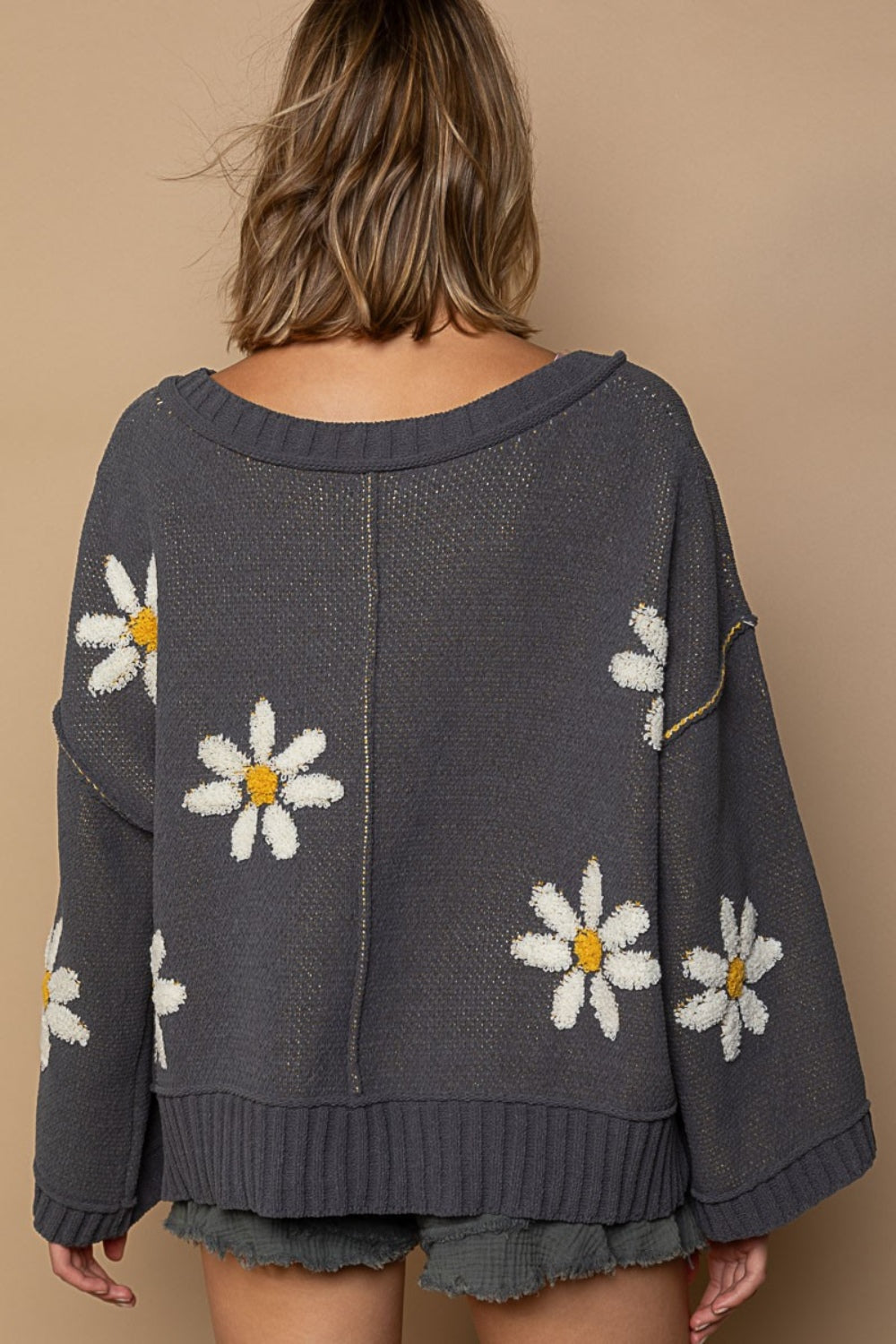 POL Charcoal V-Neck Floral Pattern Chenille Sweater