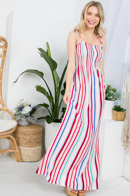 E LUNA Stripe Smocked Maxi Tank Dress