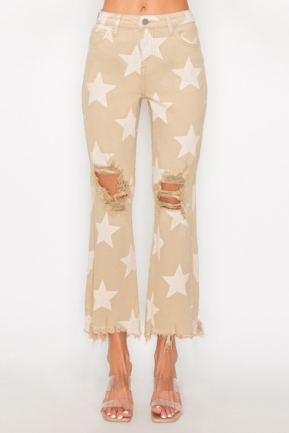 RISEN Full Size High Rise Star Printed Frayed Hem Jeans in Khaki