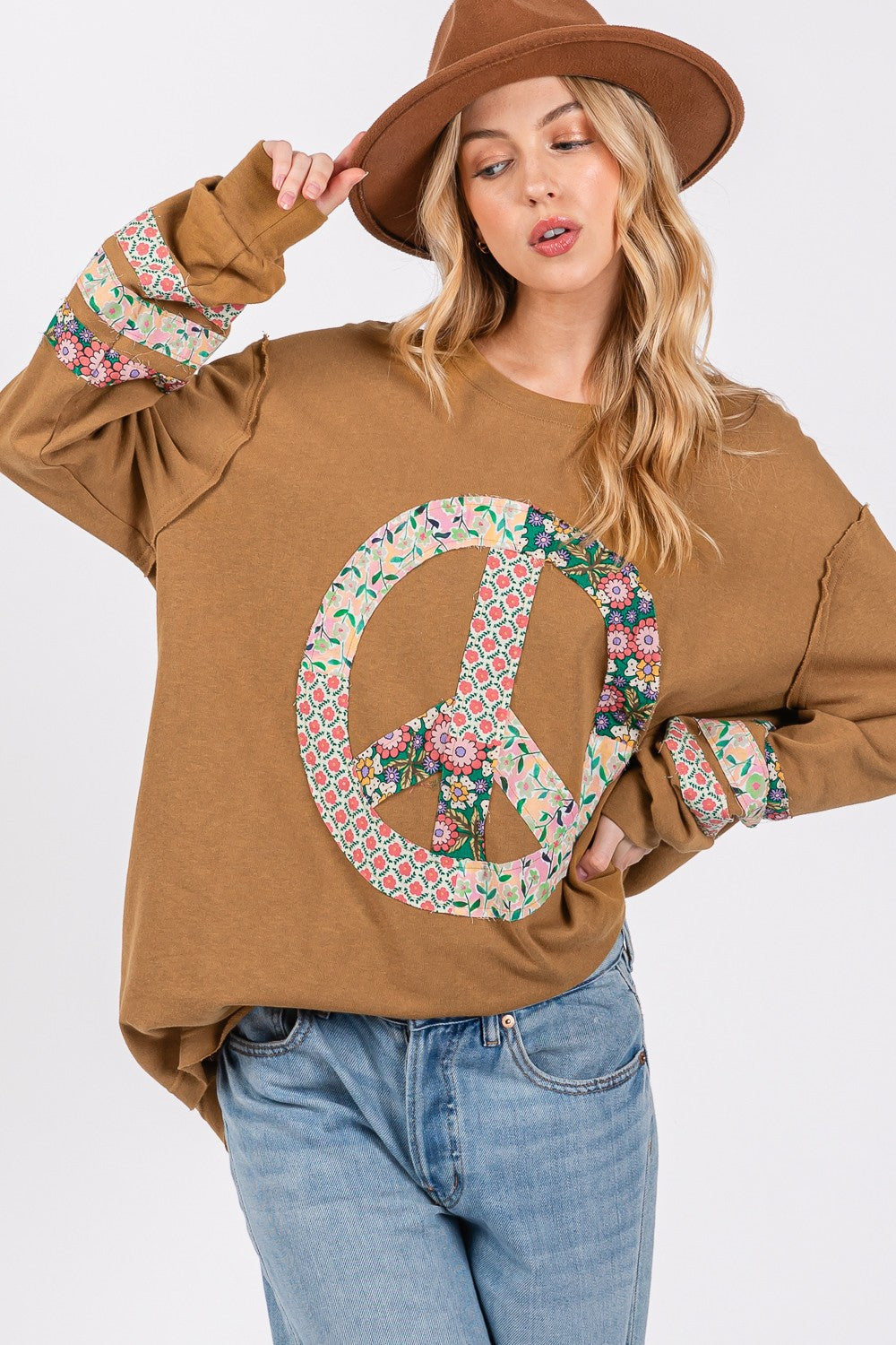 SAGE + FIG Bronz Peace Applique Patch Long Sleeve Sweatshirt