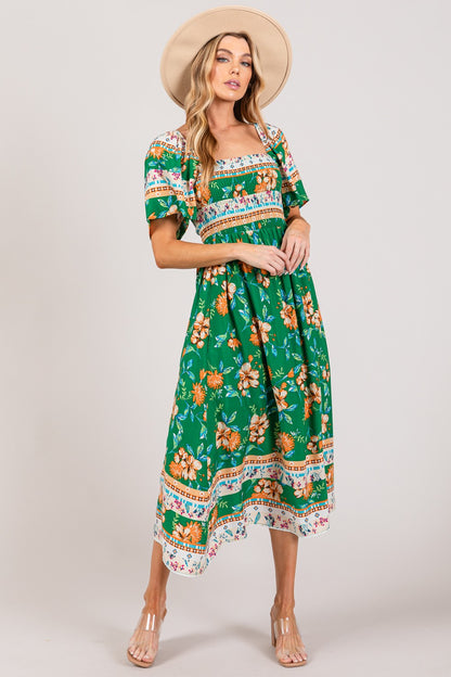 SAGE + FIG Boho Printed Smocked Short Sleeve Midi Dress