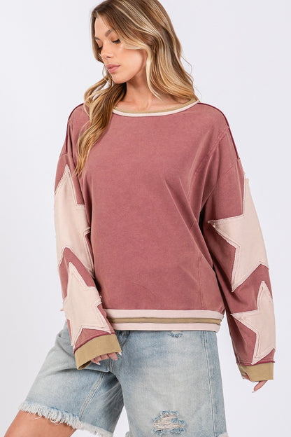 SAGE + FIG French Terry Star Applique Patch Sweatshirt in Magenta/Pink