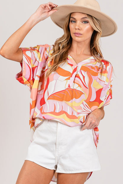 SAGE + FIG Abstract Print Half Button Blouse