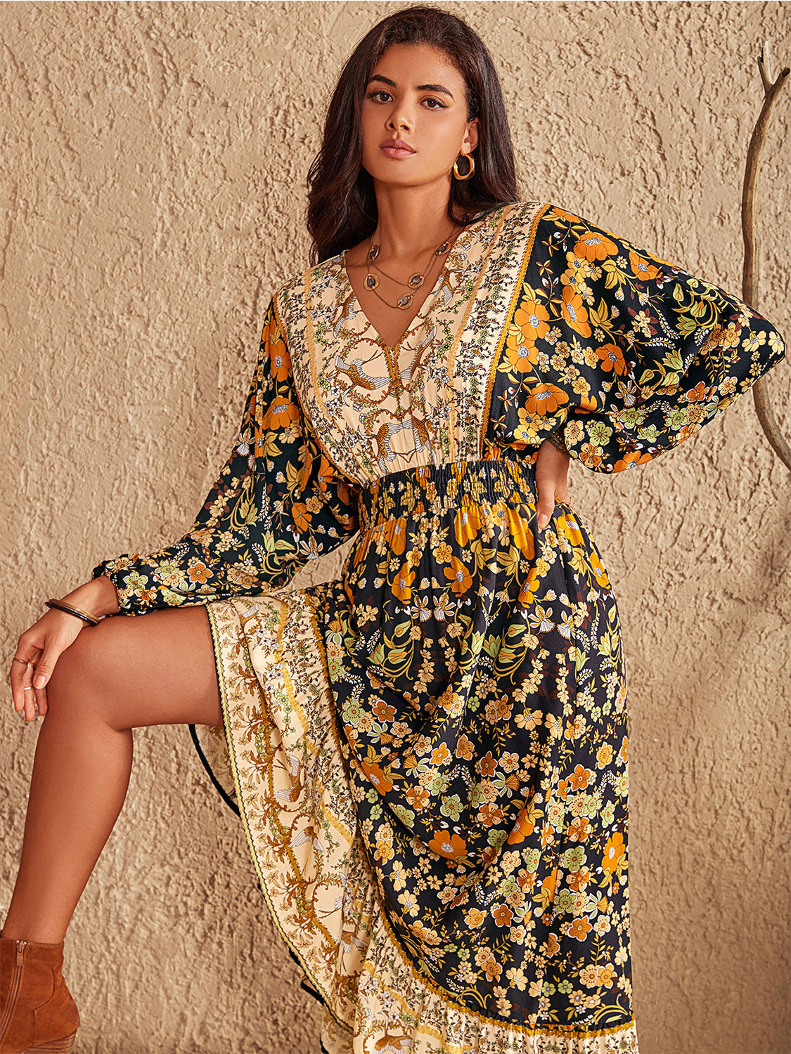 Midi Floral Smocked Boho Dress with Balloon Sleeves