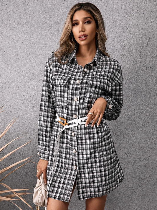 IVY LANE Pocketed Plaid Long Sleeve Mini Dress