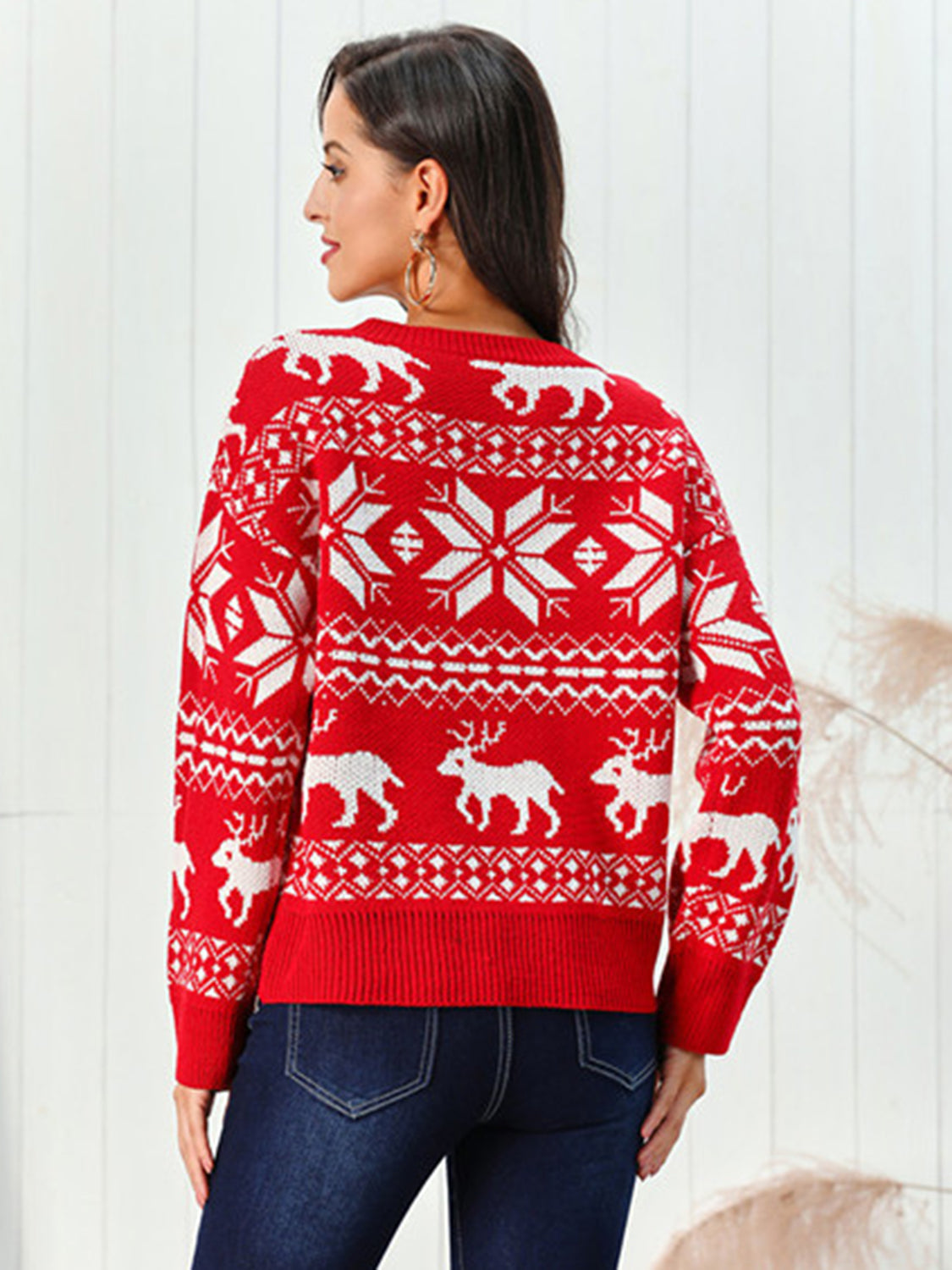 Red Reindeer & Snowflake Round Neck Ugly Christmas Sweater