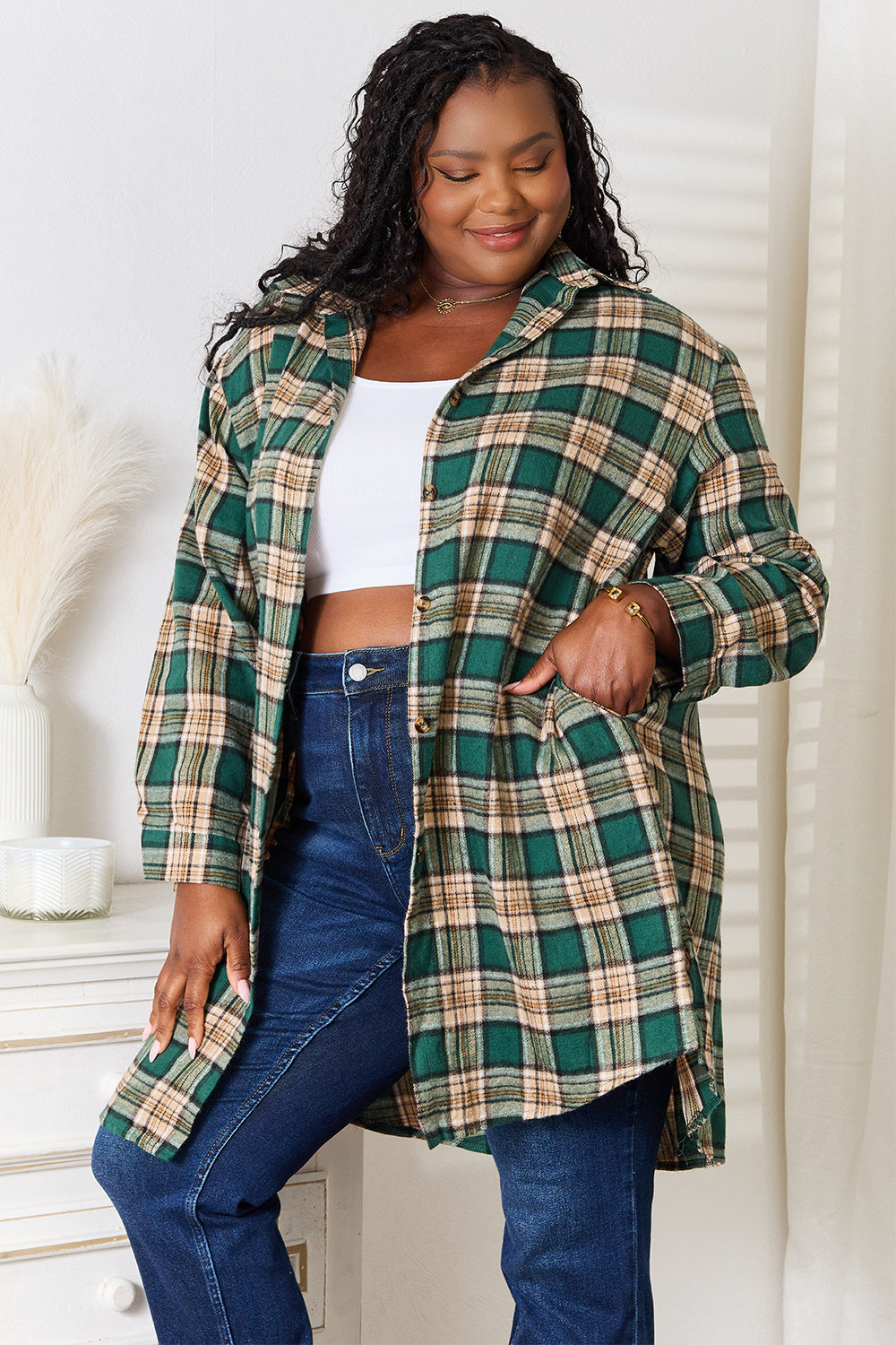 MANDY Long Buttoned Up Plaid Shirt with Side Pockets - Up to 2XL