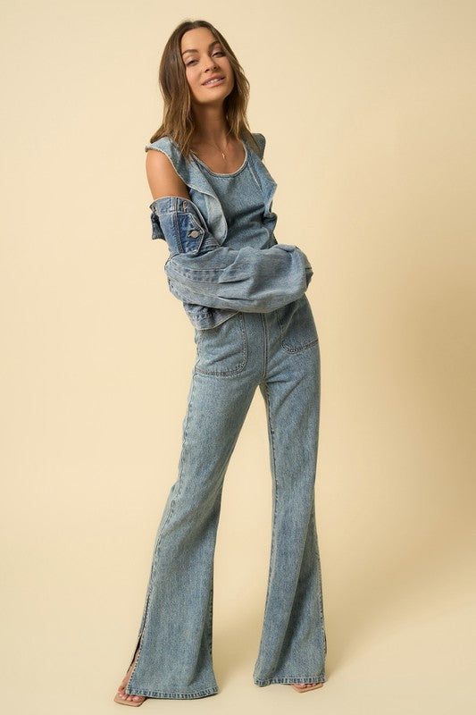 INSANE GENE Stylish Denim Backless Jumpsuit with Side Split