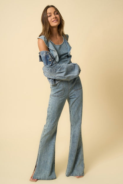 INSANE GENE Stylish Denim Backless Jumpsuit with Side Split