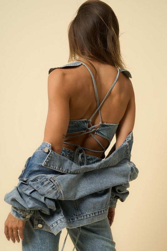 INSANE GENE Stylish Denim Backless Jumpsuit with Side Split