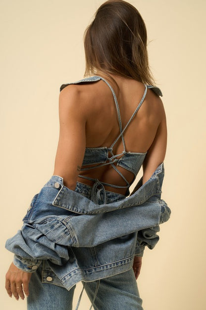 INSANE GENE Stylish Denim Backless Jumpsuit with Side Split