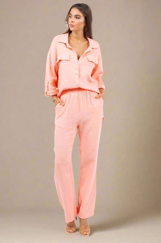 CLAUDE 2 Pieces Peach Button up Long Sleeve Top with Pants Set