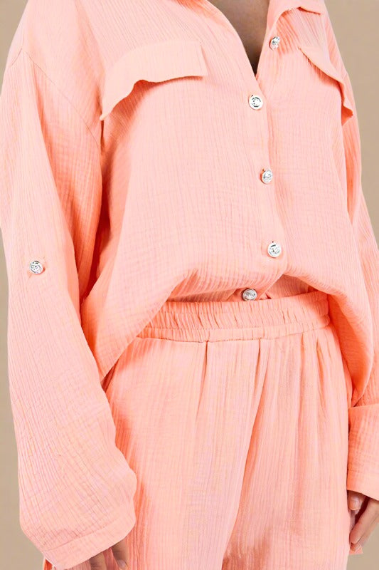 CLAUDE 2 Pieces Peach Button up Long Sleeve Top with Pants Set