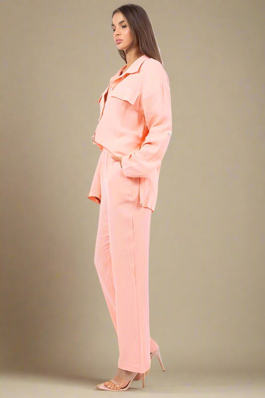 CLAUDE 2 Pieces Peach Button up Long Sleeve Top with Pants Set