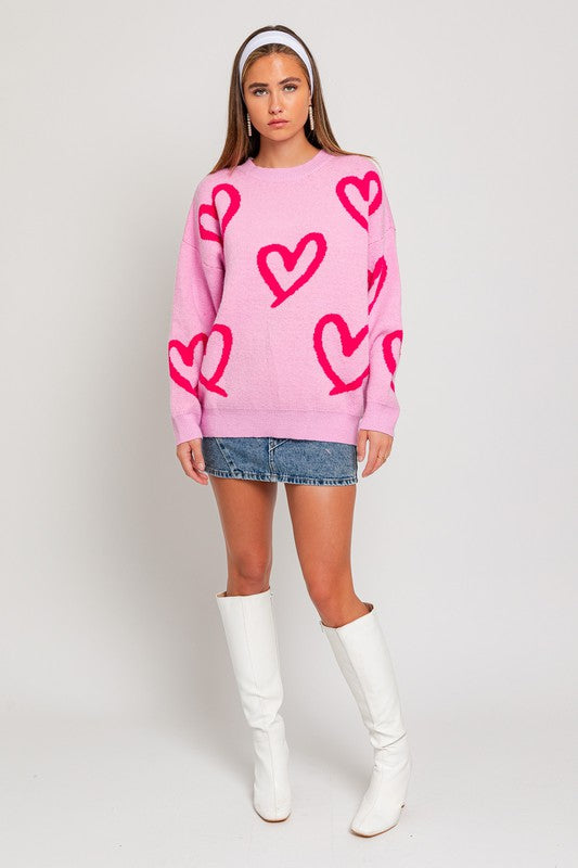 LE LIS Long Sleeve Round Neck Heart Printed Sweater