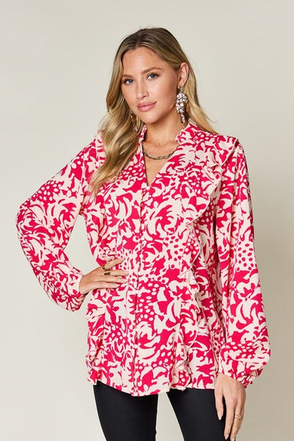 DOUBLE TAKE Full Size Printed Ruffle Trim Balloon Sleeve Blouse