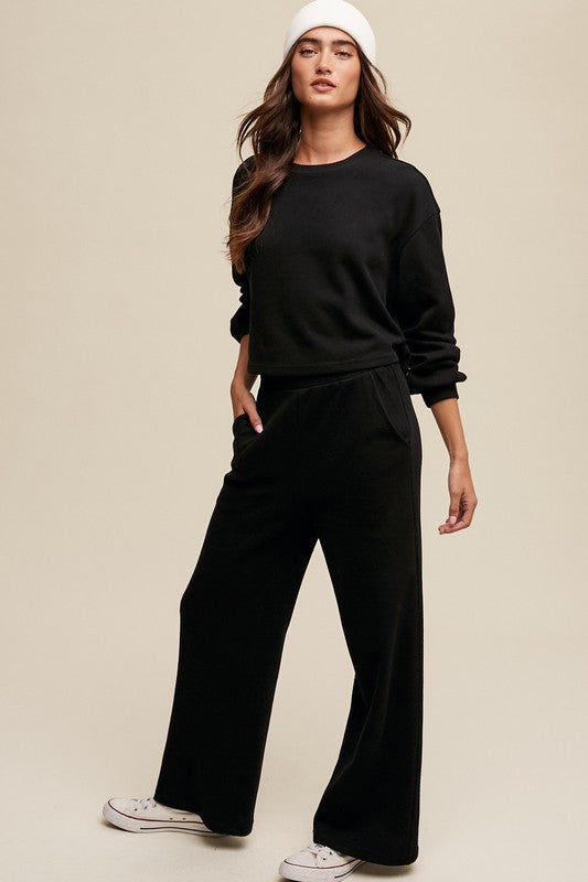 Listicle 2 Piece Women's Solid Black Knit Sweat Top and Pants Athleisure Lounge Sets