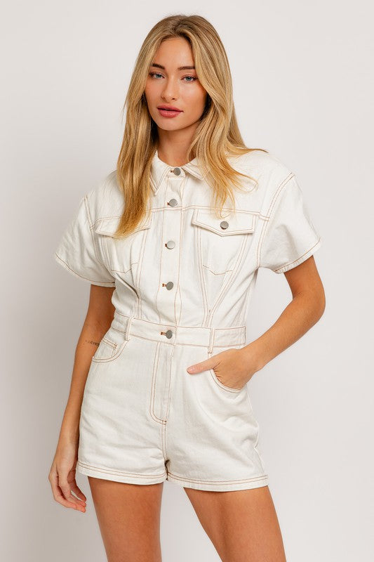 LE LIS Junior Short Sleeve Denim Romper