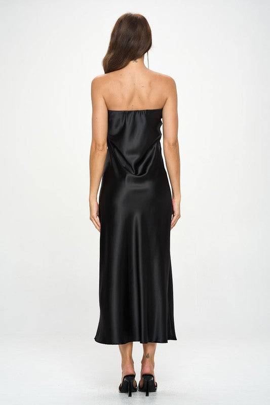 RENEE C. Black Silky Satin Tube Draped Dress.