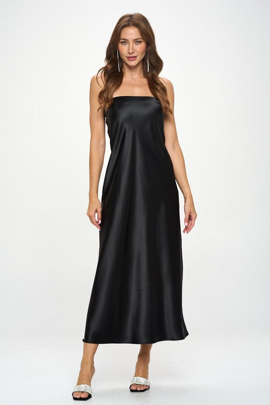 RENEE C. Black Silky Satin Tube Draped Dress.