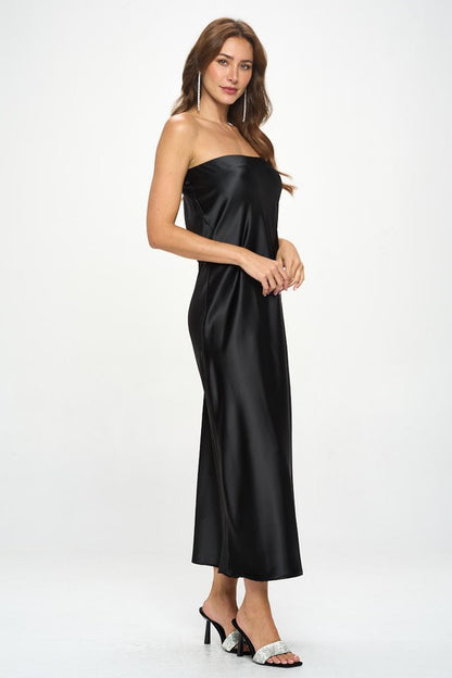 RENEE C. Black Silky Satin Tube Draped Dress.