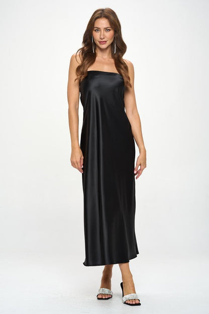 RENEE C. Black Silky Satin Tube Draped Dress.