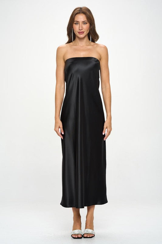 RENEE C. Black Silky Satin Tube Draped Dress.