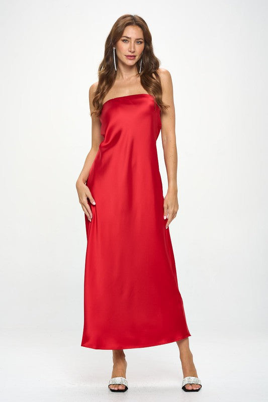 RENEE C. Blood Red Silky Satin Tube Draped Dress