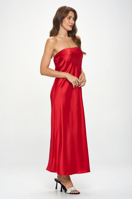 RENEE C. Blood Red Silky Satin Tube Draped Dress