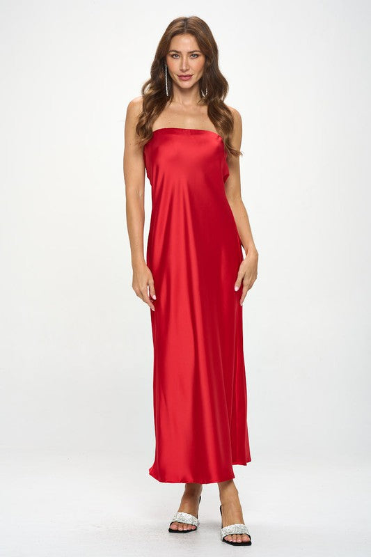 RENEE C. Blood Red Silky Satin Tube Draped Dress