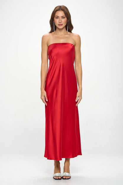 RENEE C. Blood Red Silky Satin Tube Draped Dress