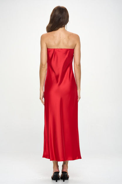 RENEE C. Blood Red Silky Satin Tube Draped Dress