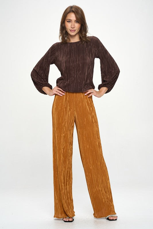 RENEE C. Caramel Vibrant Plisse Lined Straight Pants