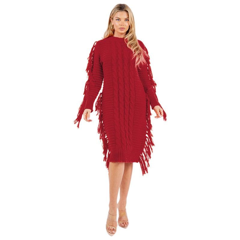 CLAUDE Red Long Sleeves Tassel Sweater Dress