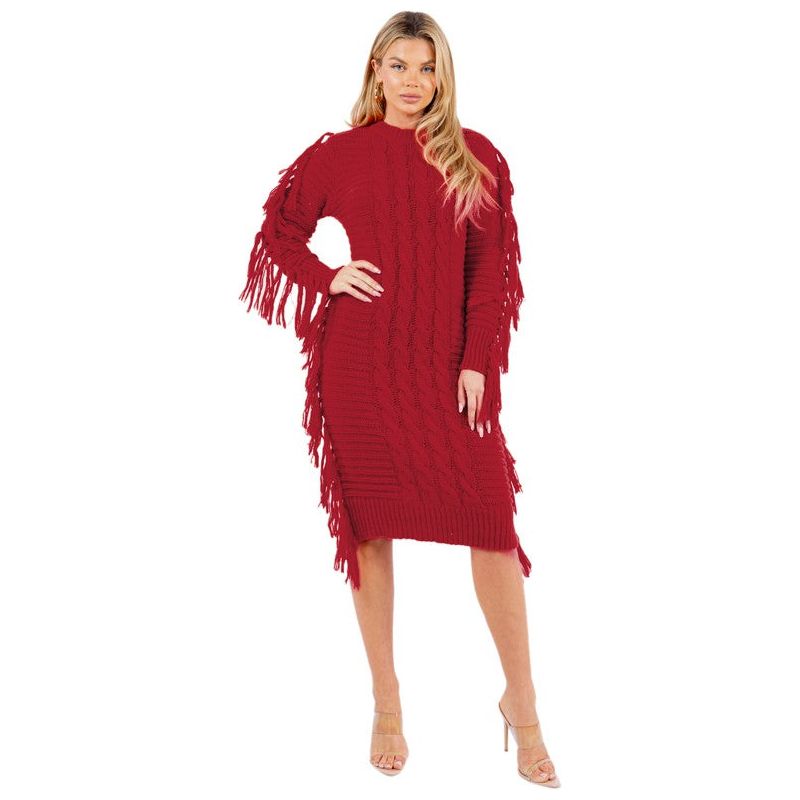 CLAUDE Red Long Sleeves Tassel Sweater Dress