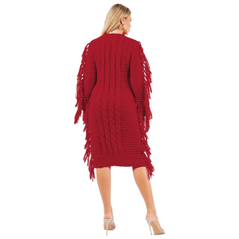 CLAUDE Red Long Sleeves Tassel Sweater Dress