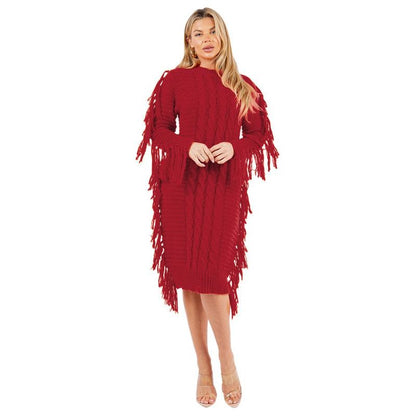 CLAUDE Red Long Sleeves Tassel Sweater Dress