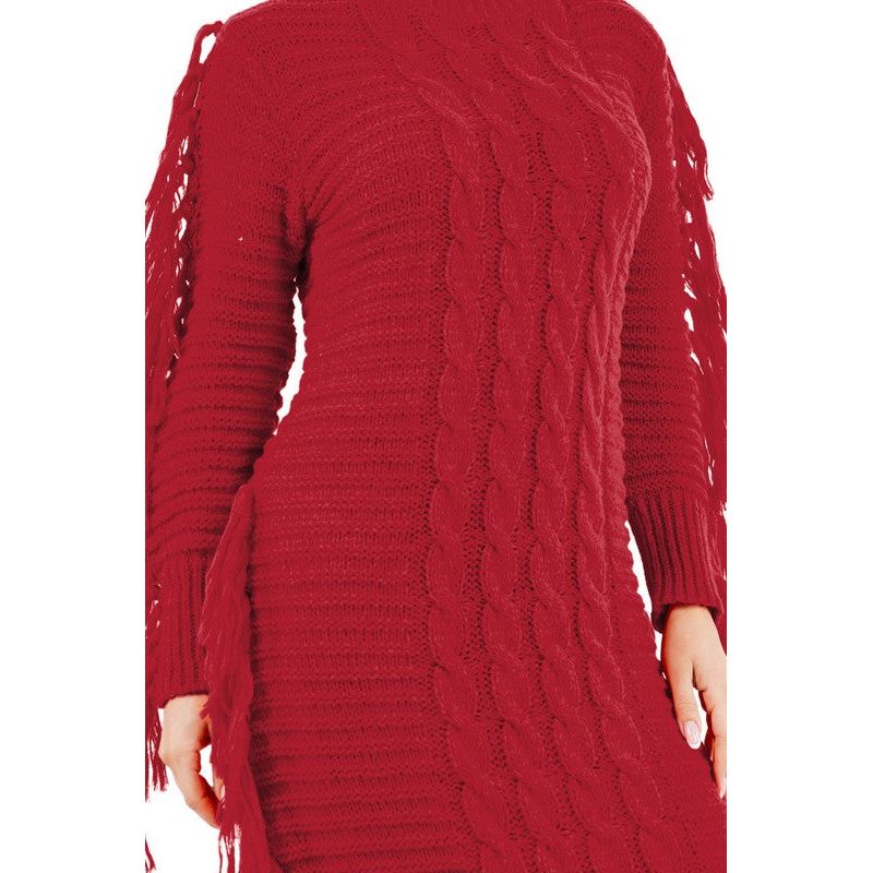 CLAUDE Red Long Sleeves Tassel Sweater Dress