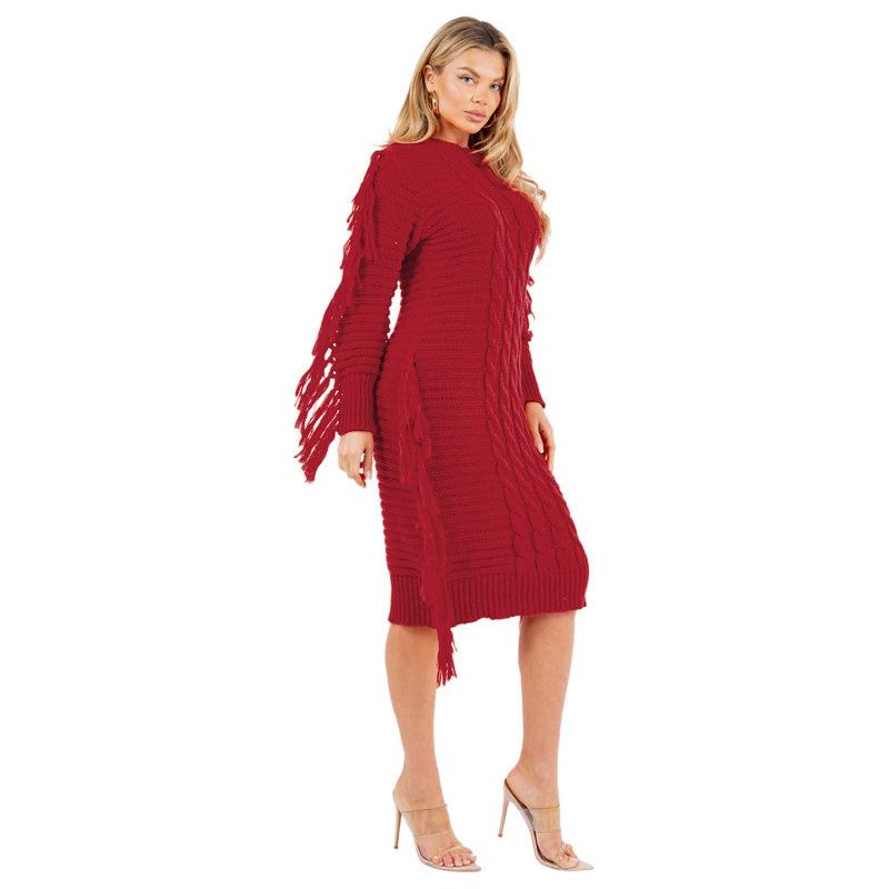 CLAUDE Red Long Sleeves Tassel Sweater Dress