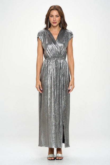 Renee C. Women's Sleeveless Silver Metallic Maxi Cocktail Dress with Slit