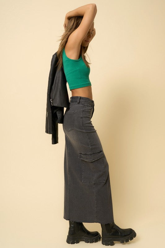 INSANE GENE Maxi Cargo Denim Skirt with Split Front