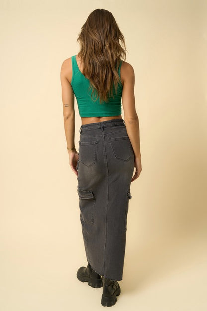 INSANE GENE Maxi Cargo Denim Skirt with Split Front