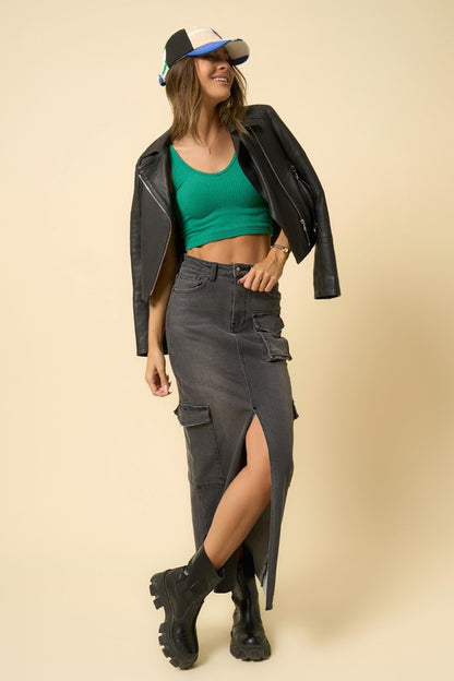 INSANE GENE Maxi Cargo Denim Skirt with Split Front