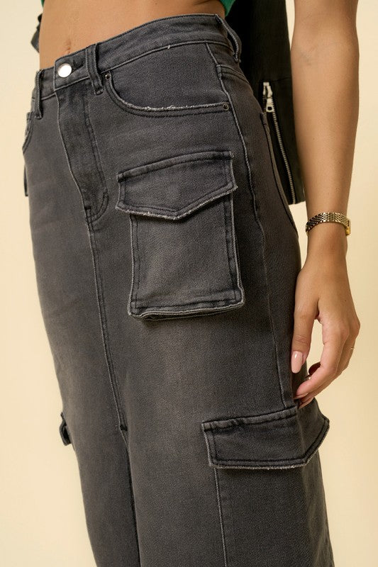 INSANE GENE Maxi Cargo Denim Skirt with Split Front