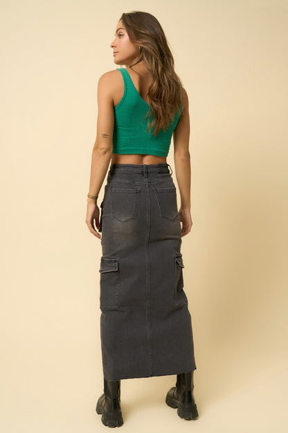 INSANE GENE Maxi Cargo Denim Skirt with Split Front