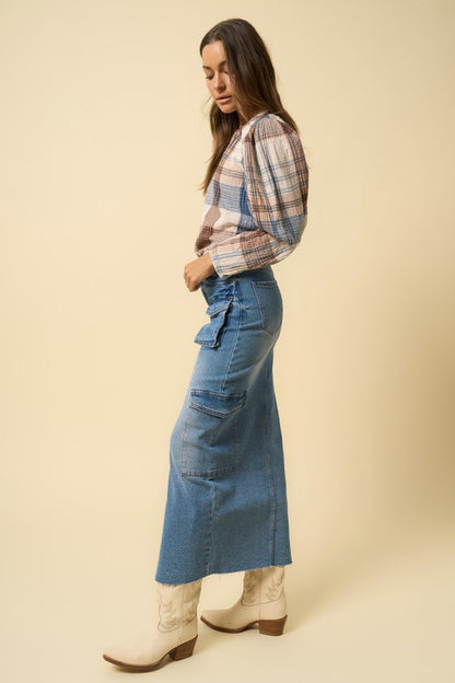 INSANE GENE Maxi Denim Cargo Skirt with Split Front