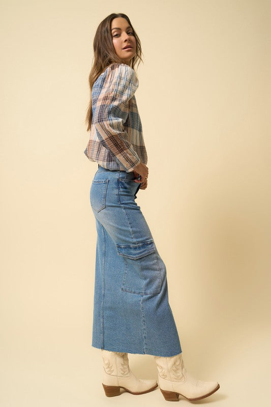 INSANE GENE Maxi Denim Cargo Skirt with Split Front