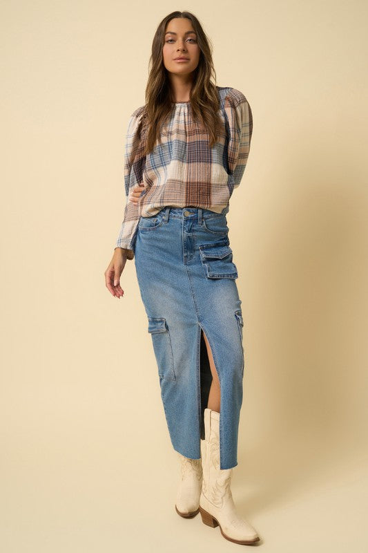 INSANE GENE Maxi Denim Cargo Skirt with Split Front