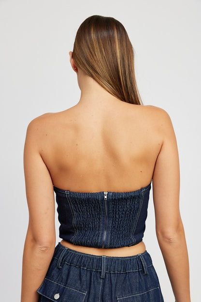 EMORY PARK Denim Tube Top with Rosette Detail